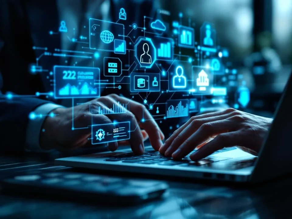 Handen typen op laptop met holografische CRM-interface elementen en data analytics charts in blauw en zilver