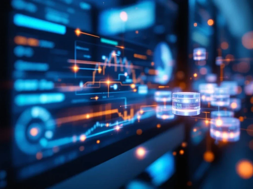 CRM dashboard op computerscherm met holografische database cilinders en verlichte dataverbindingen in blauw-zilver design