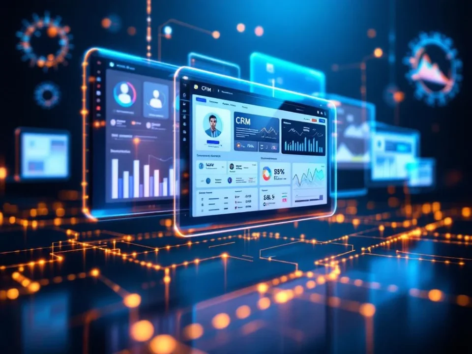 Meerdere verbonden CRM-dashboardschermen met datavisualisaties en klantprofielen tegen blauwe achtergrond