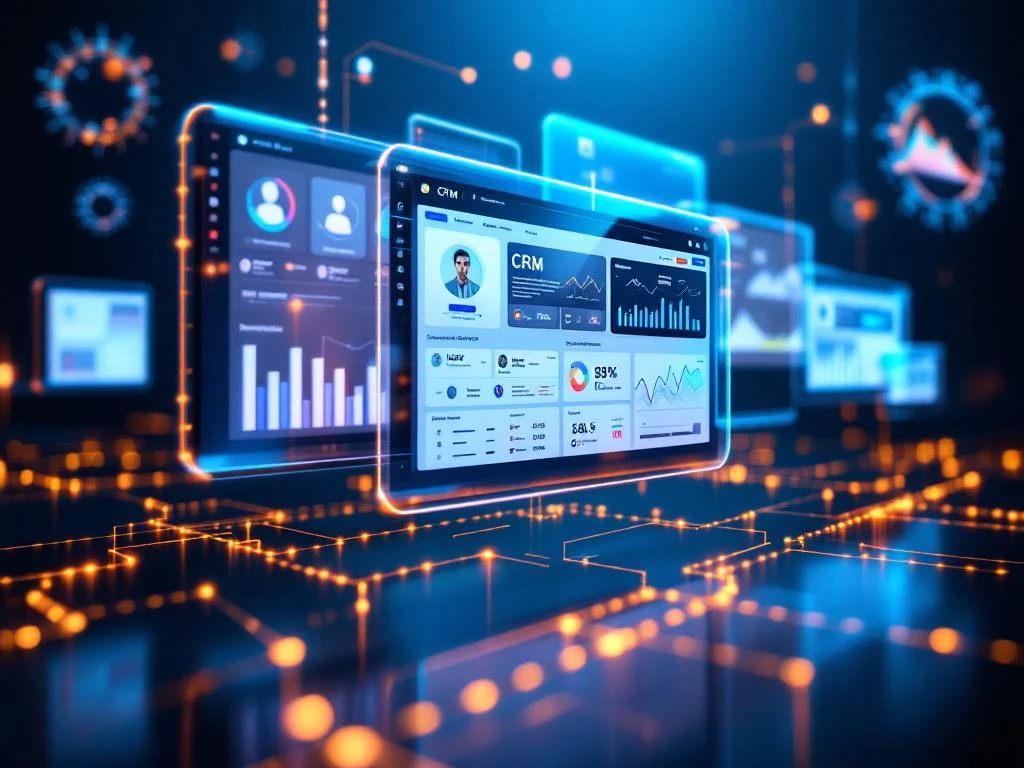 Meerdere verbonden CRM-dashboardschermen met datavisualisaties en klantprofielen tegen blauwe achtergrond