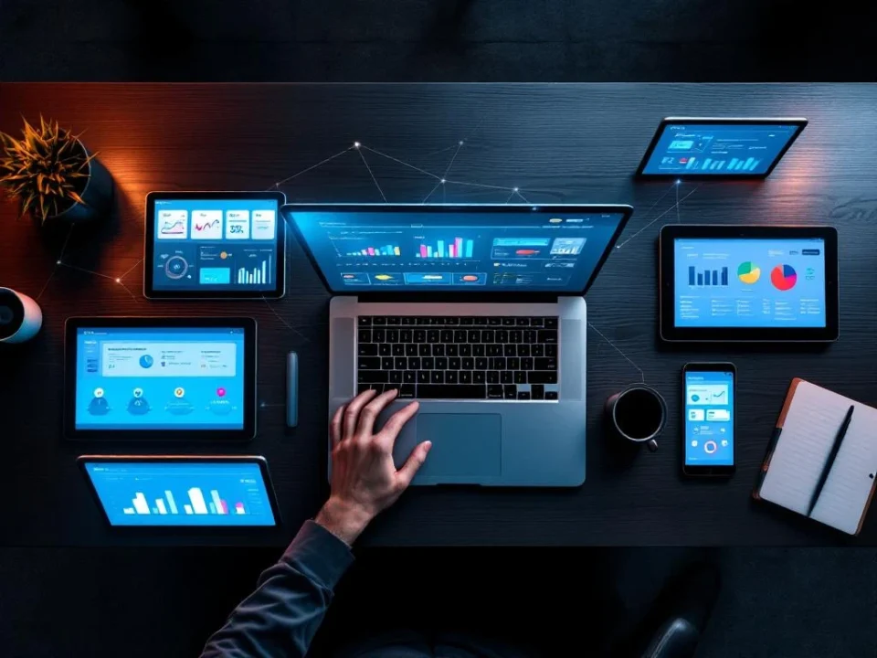 Moderne kantoordesk met laptop, tablets en smartphones die CRM-dashboards en datavisualisaties tonen vanuit vogelperspectief