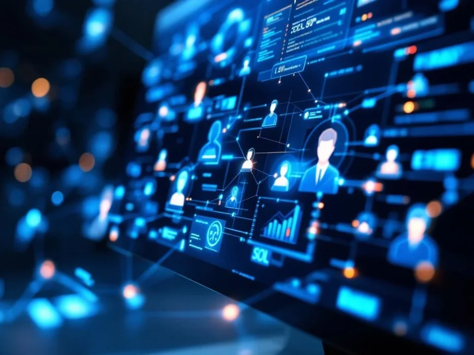 Computermonitor toont 3D CRM-dashboard met klantprofielen en dataverbindingen in blauw-zilver netwerkvisualisatie