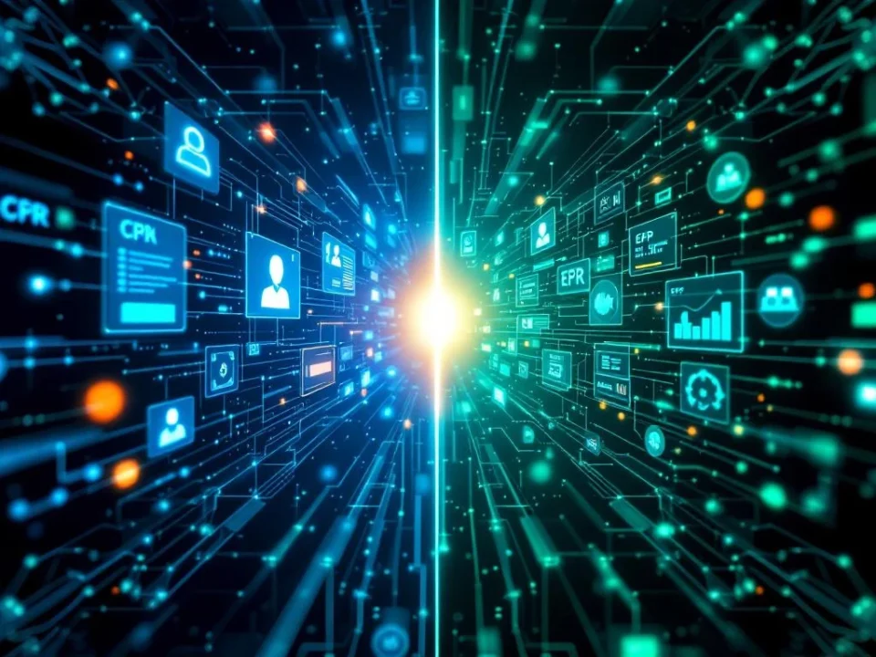 Split-screen vergelijking van CRM-interface met klantprofielen links en ERP-systeem met dashboards rechts