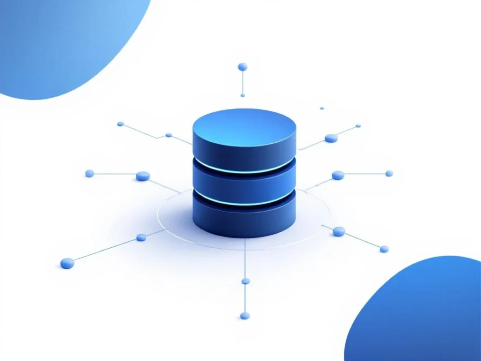 Database cilinder icoon in blauw met netwerklijnen op witte achtergrond, moderne minimale stijl