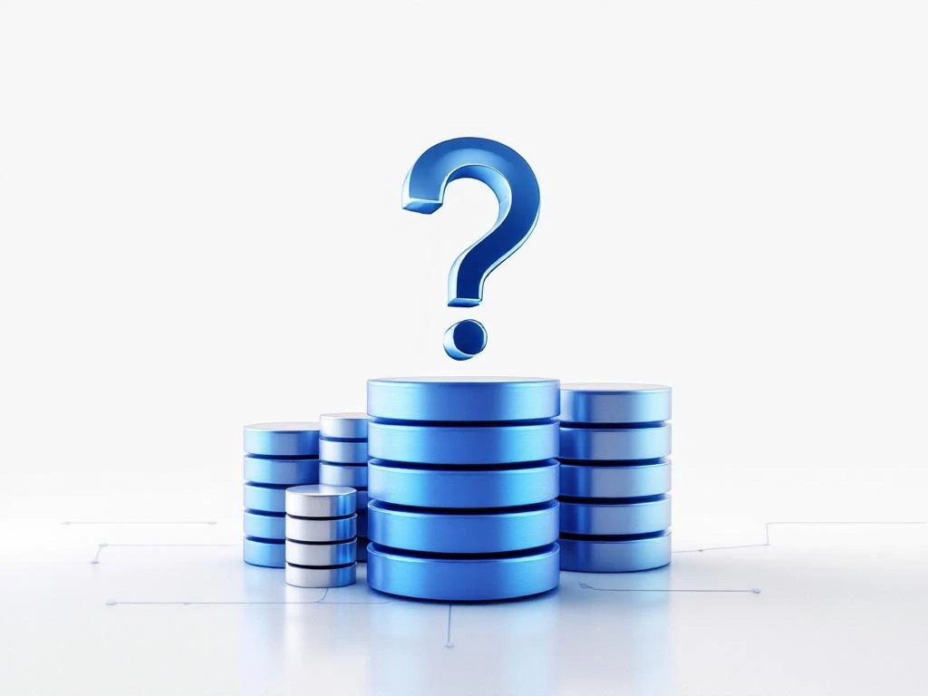 Databasecilinders in blauw en zilver met verbindingslijnen en vraagteken symbool op witte achtergrond