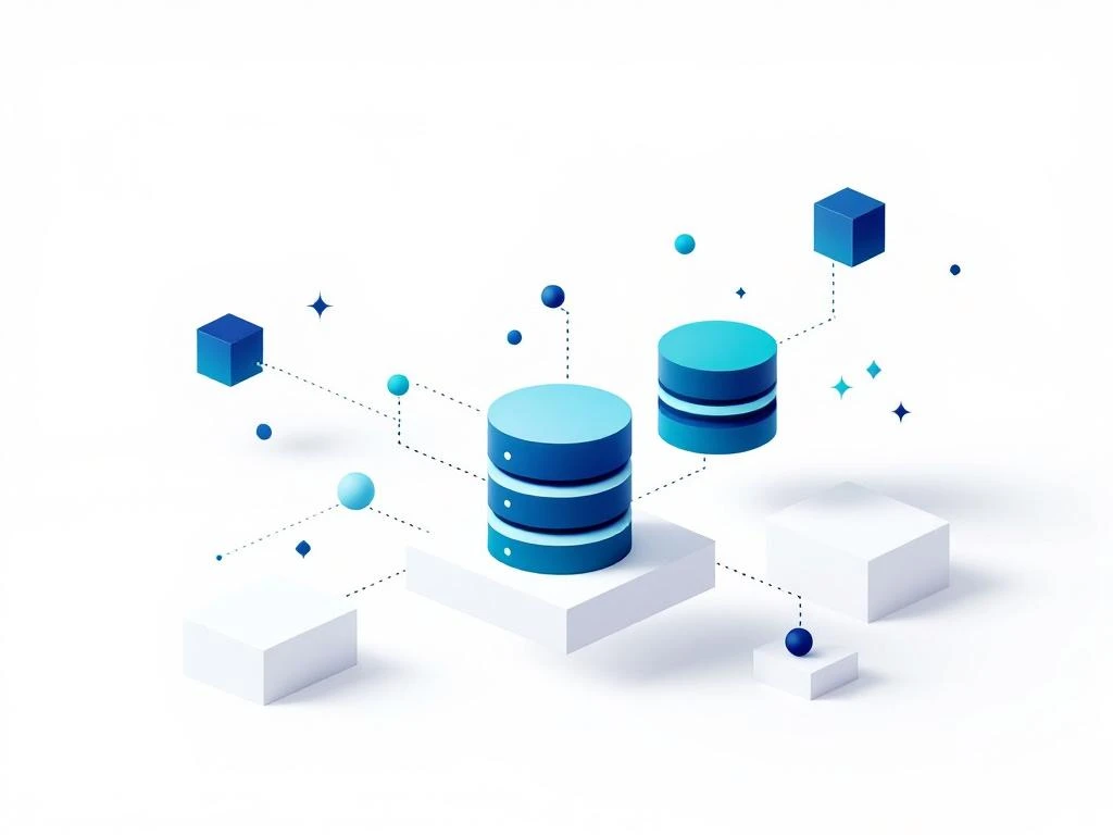 Drie blauwe database-iconen verbonden door stippellijnen met geometrische vormen op witte achtergrond voor consultancy