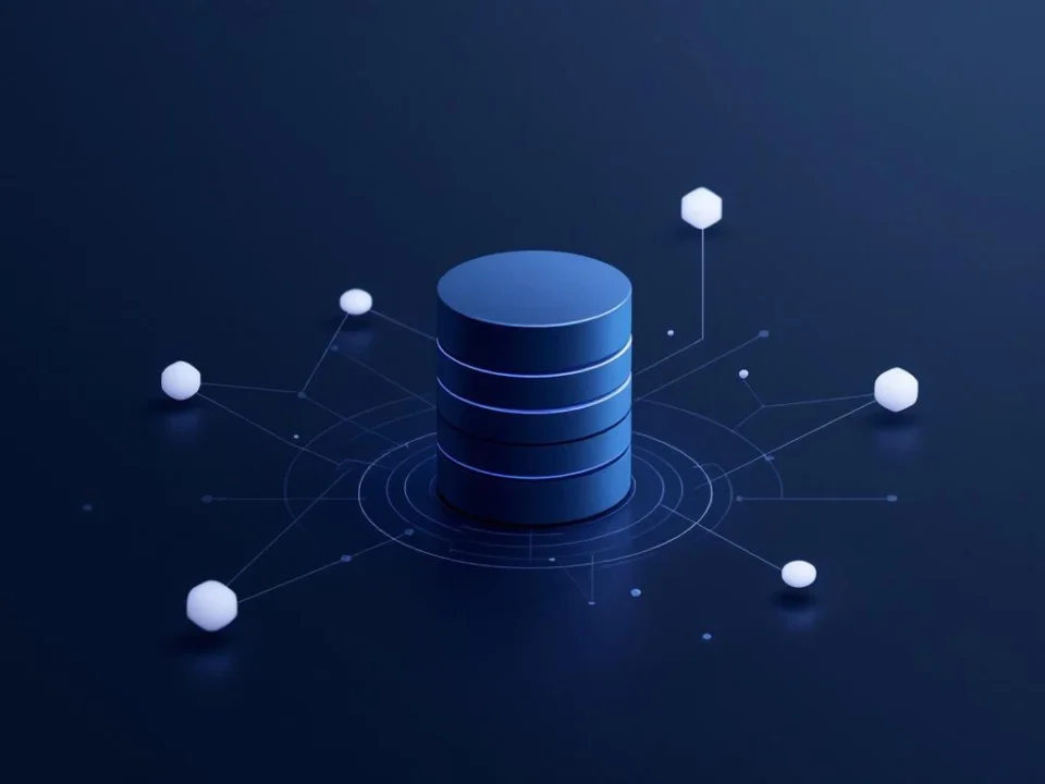 Minimalistisch databasecilinder-icoon in donkerblauw met verbindingslijnen en geometrische vormen op grijswitte achtergrond