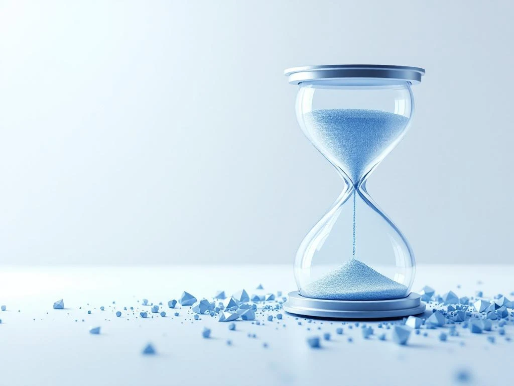 Zandloper met digitale datastromen omringd door database-iconen in blauw en zilver op witte achtergrond