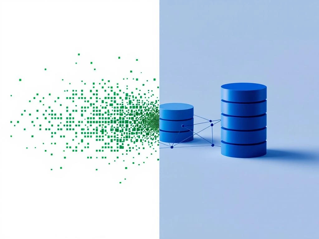 Split-screen visualisatie van Excel spreadsheet die overgaat in gestructureerde database architectuur met datavloeien