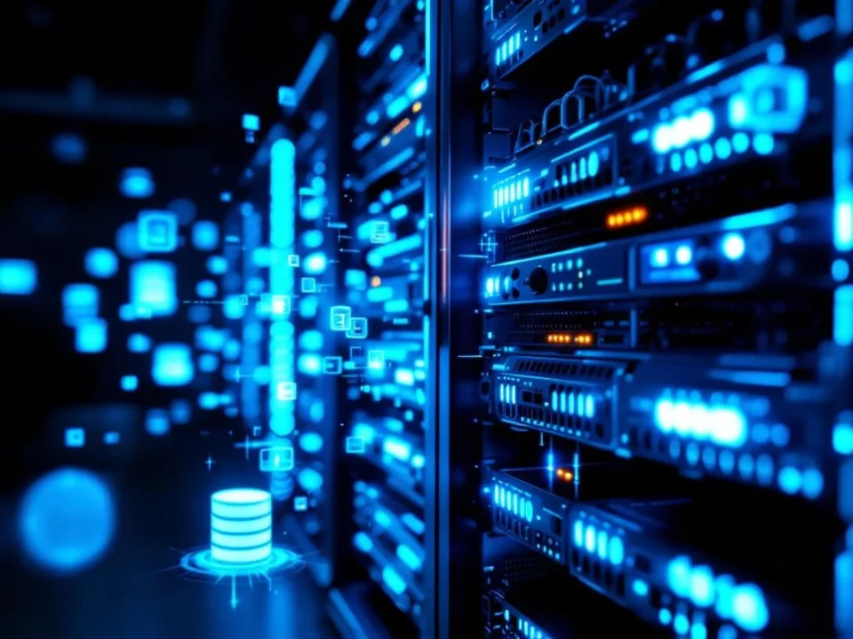 Moderne serverrack met blauwe LED-indicatoren en holografische datastromen voor database consultancy diensten