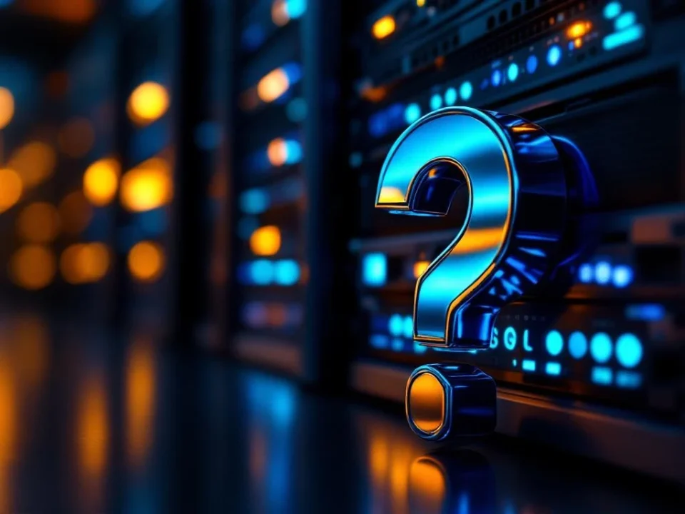 Database serverrek met blauwe LED-lampjes naast chromen vraagteken symbool, dramatische belichting op donkere achtergrond
