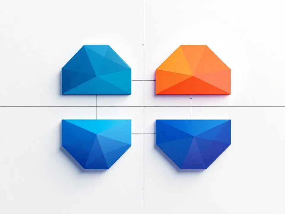 Vier geometrische vormen in grid-patroon met blauwe tot oranje kleurverloop, verbonden door lijnen voor dataflow-visualisatie