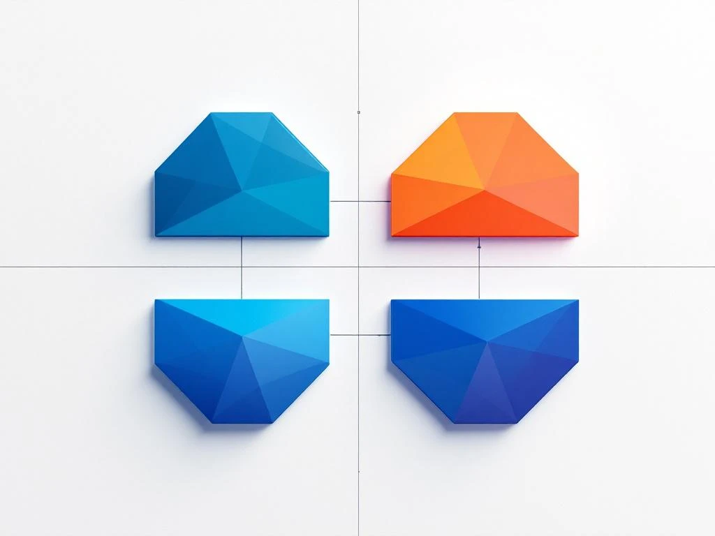 Vier geometrische vormen in grid-patroon met blauwe tot oranje kleurverloop, verbonden door lijnen voor dataflow-visualisatie
