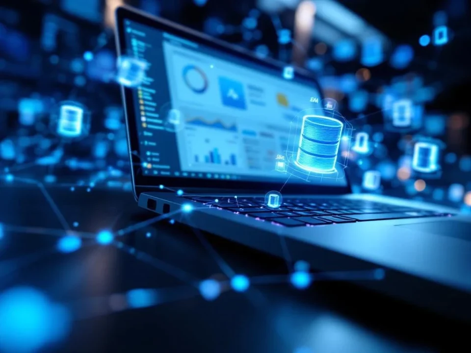 Computermonitor met Microsoft Dynamics 365 CRM-dashboard omringd door holografische database-iconen en netwerkverbindingen