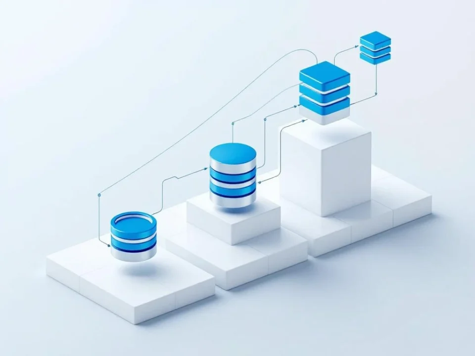Excel spreadsheet cellen transformeren naar database cilinders met blauwe en zilveren iconen op witte achtergrond