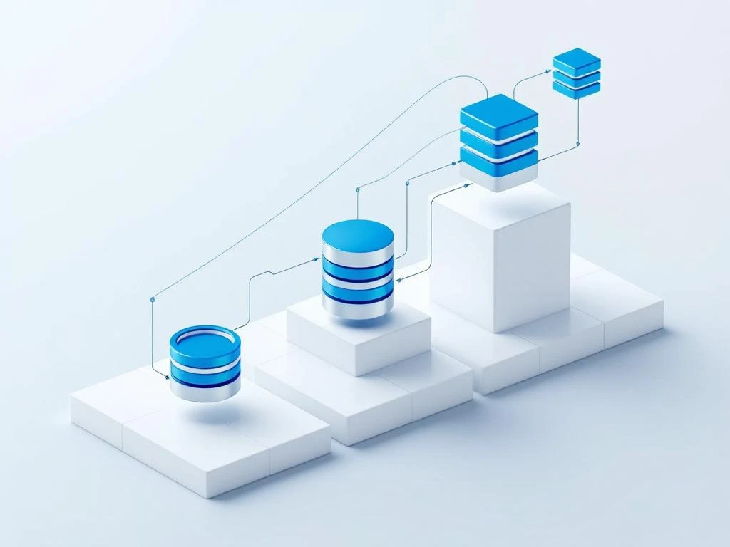 Excel spreadsheet cellen transformeren naar database cilinders met blauwe en zilveren iconen op witte achtergrond