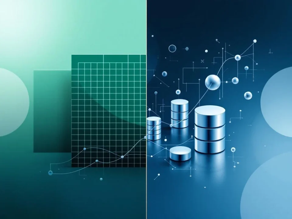 Excel spreadsheet raster overgaat naar database cilinders, verbonden door geometrische lijnen in blauw-groen design