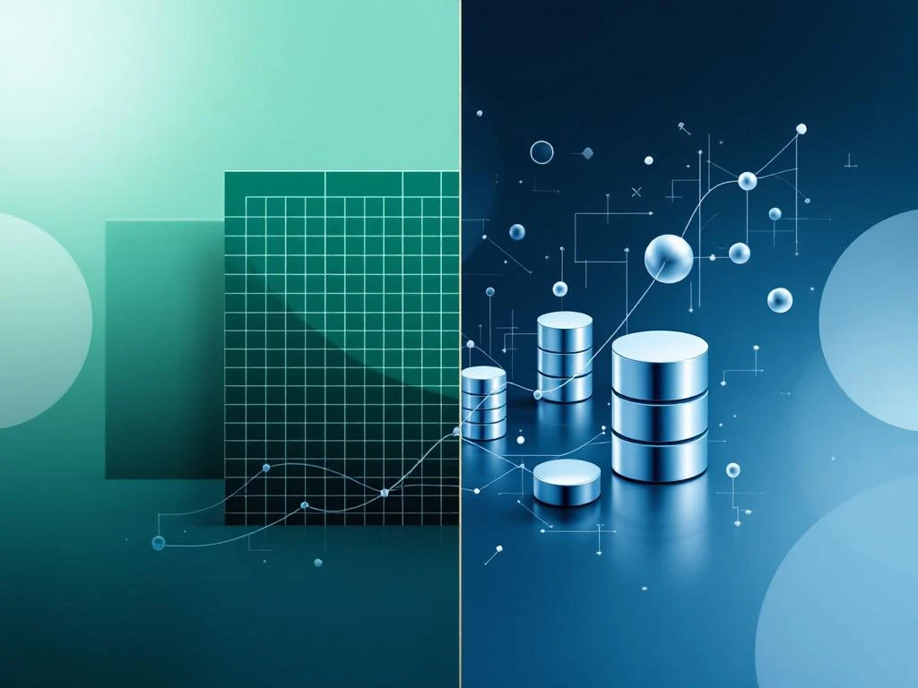 Excel spreadsheet raster overgaat naar database cilinders, verbonden door geometrische lijnen in blauw-groen design