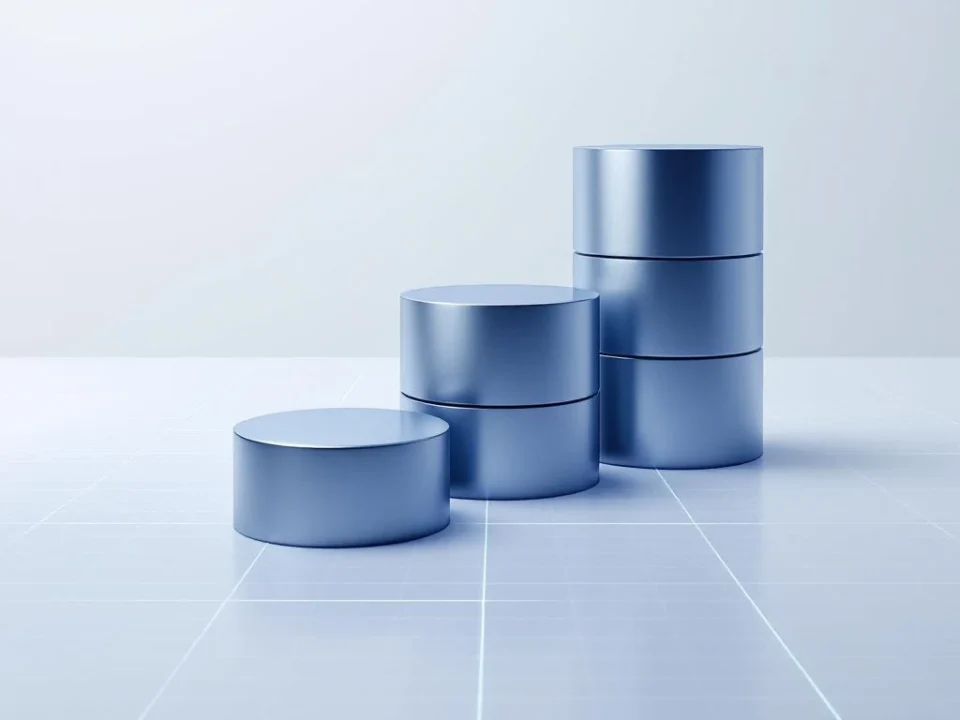 Drie zilveren database-cilinders in oplopende trap verbonden door blauwe datastromen op witte achtergrond met rasterpatroon